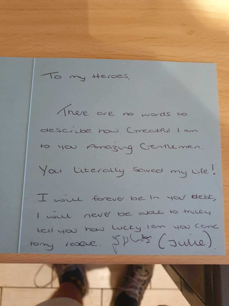 A thank you card given to a qualified first aider after saving someones life.